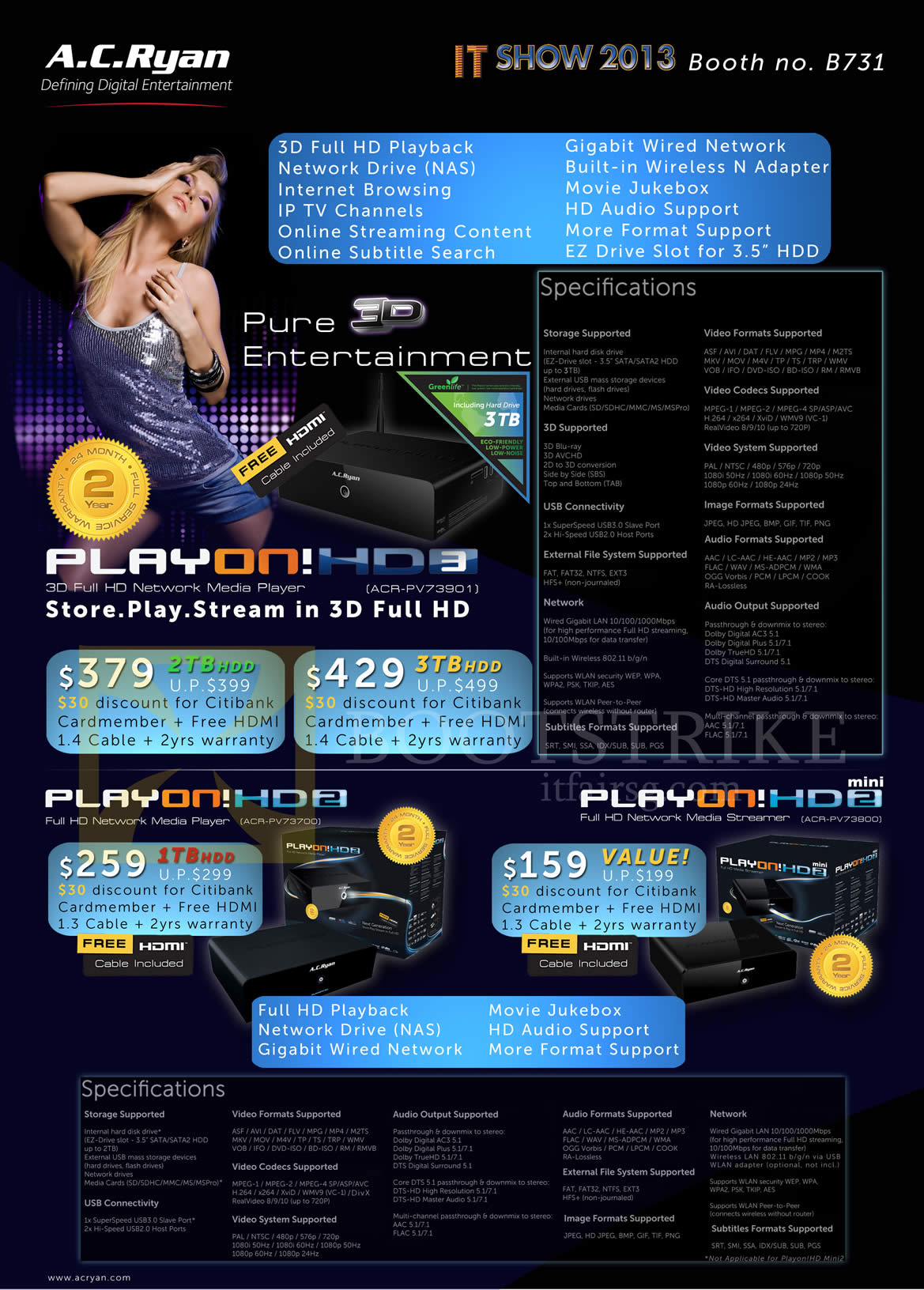 IT SHOW 2013 price list image brochure of AC Ryan Media Player Playon HD3 ACR-PV73901, Playon HD2 ACR-PV73700, Playon HD2 Mini ACR-PV73800
