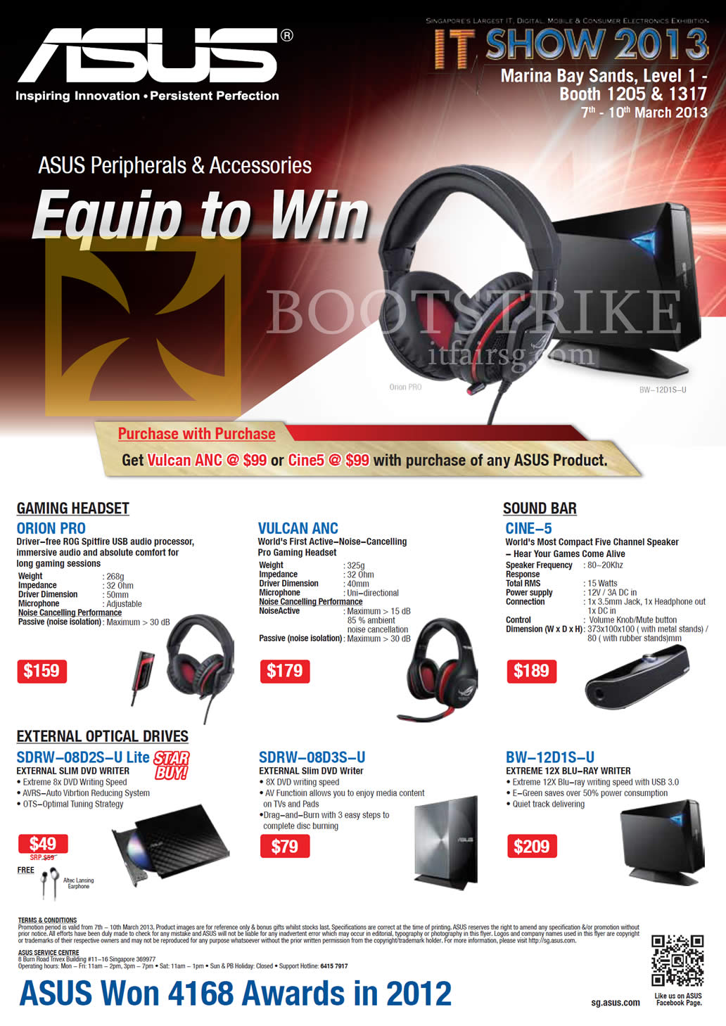 IT SHOW 2013 price list image brochure of ASUS Accessories Orion Pro Headset, Vulcan ANC, Cine-5 Sound Bar, External Optical Drive SDRW 08D2S U Lite, 08D3S-U, BW-12D1S-U