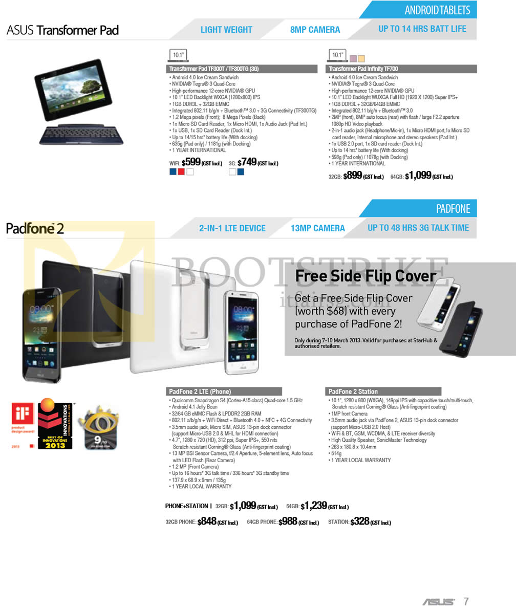 IT SHOW 2013 price list image brochure of ASUS Notebooks Android Transformer Pad TF300T TF300TG (3G), Transformer Pad Infinity TF700, PadFone 2 LTE (Phone), PadFone 2 Station
