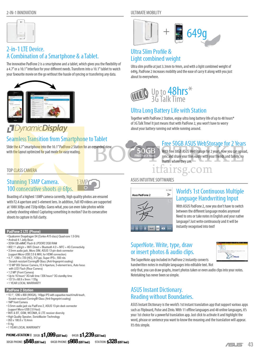 IT SHOW 2013 price list image brochure of ASUS Notebooks PadFone 2 LTE (Phone), PadFone 2 Station, Features