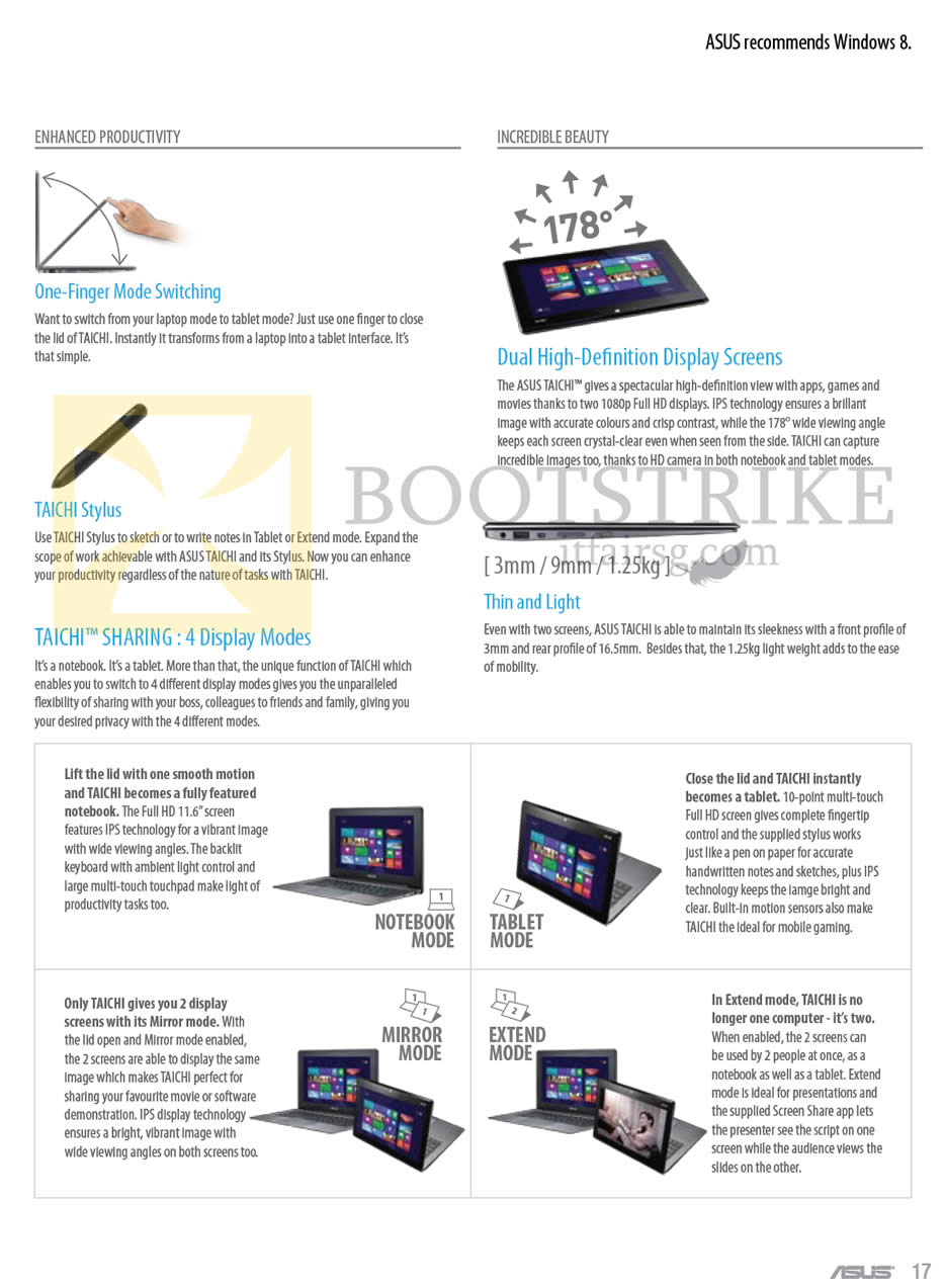 IT SHOW 2013 price list image brochure of ASUS Notebooks Taichi Features, One-Finger Mode Switching, Dual High-Definition Display Screens, Stylus, 4 Display Modes, Thin And Light
