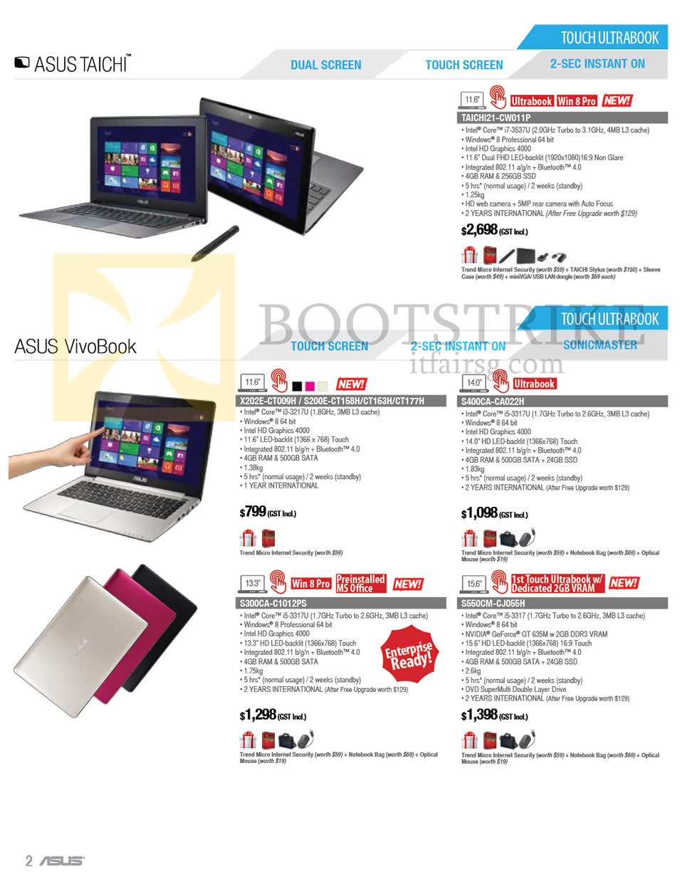 IT SHOW 2013 price list image brochure of ASUS Notebooks Taichi TAICHI21-CW011P, Vivobook X202E-CT009H, S200E-CT158H CT163H CT177H, S400CA-CA022H, S300CA-C1012PS, S550CM-CJ055H