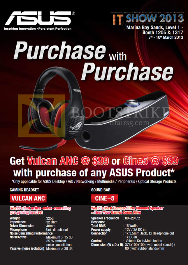 IT SHOW 2013 price list image brochure of ASUS Purchase With Purchase Vulcan ANC Gaming Headset, Cine-5 Sound Bar