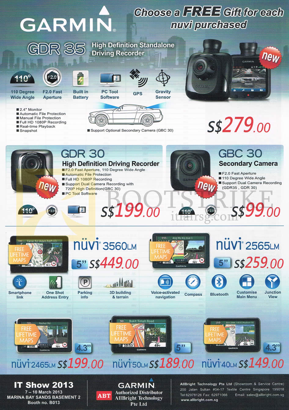 IT SHOW 2013 price list image brochure of Allbright Garmin GPS Navigators GDR 35 Driving Recorder, GDR 30, GBC 30, Nuvi 3560LM, 2565LM, 2465LM, 50LM, 40LM