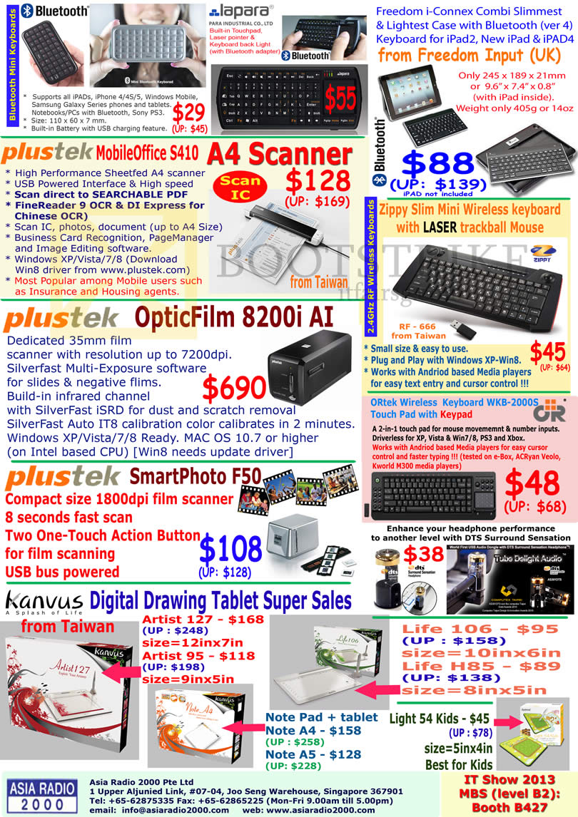 IT SHOW 2013 price list image brochure of Asia Radio Bluetooth Mini Keyboards, Lapara, Freedom I-Connex, Plustek MobileOffice S410 Scanner, OpticFilm 8200i AI, SmartPhoto F50, Kanvus