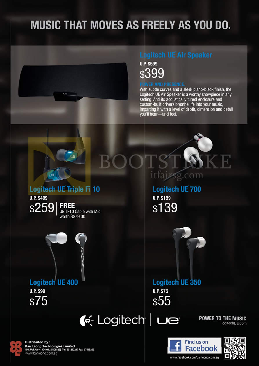 IT SHOW 2013 price list image brochure of Ban Leong Logitech Ultimate Ears UE Air Speaker, Triple Fi 10 Earphones, UE 700, UE 400, UE 350