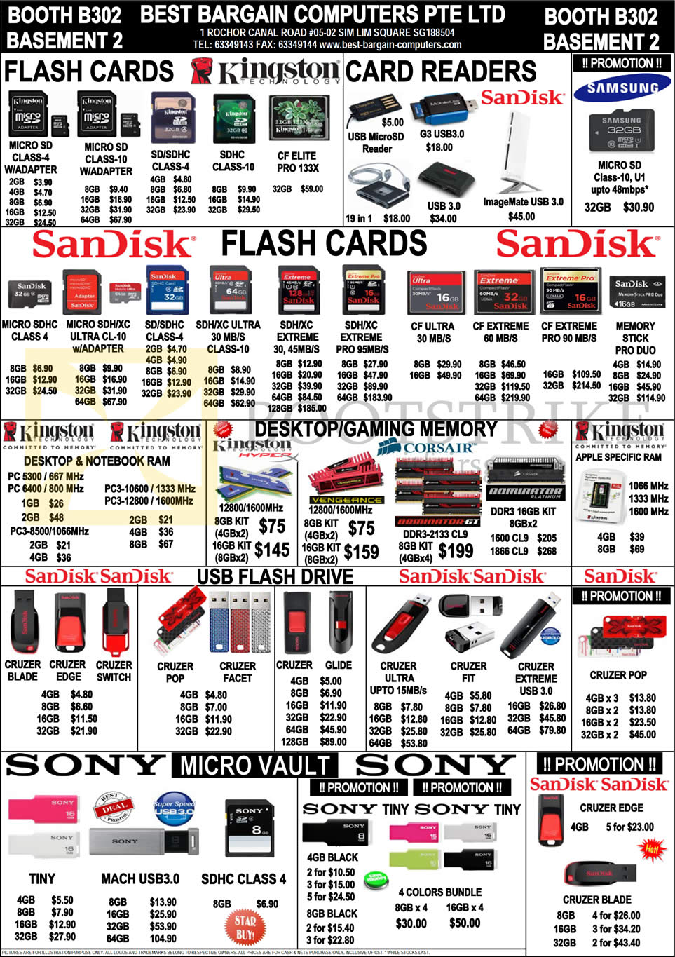 IT SHOW 2013 price list image brochure of Best Bargain Flash Memory MicroSD Kingston, CompactFlash CF, Sandisk, Samsung, Memory Stick Pro Duo, DDR2 DDR3 RAM, Apple, Corsair Vengenance Dominator, USB Sony, Cruzer