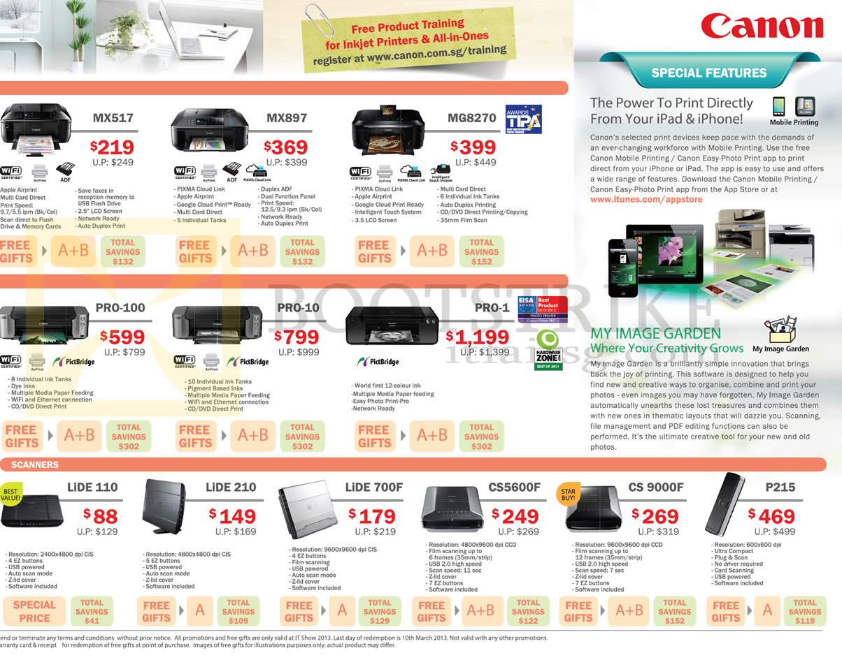 IT SHOW 2013 price list image brochure of Canon Printers Inkjet, Scanners, MX517, MX897, MG8270, PRO-1, PRO-10, PRO-100, LiDE 110, 210, 700F, CS5600F, CS9000F, P215