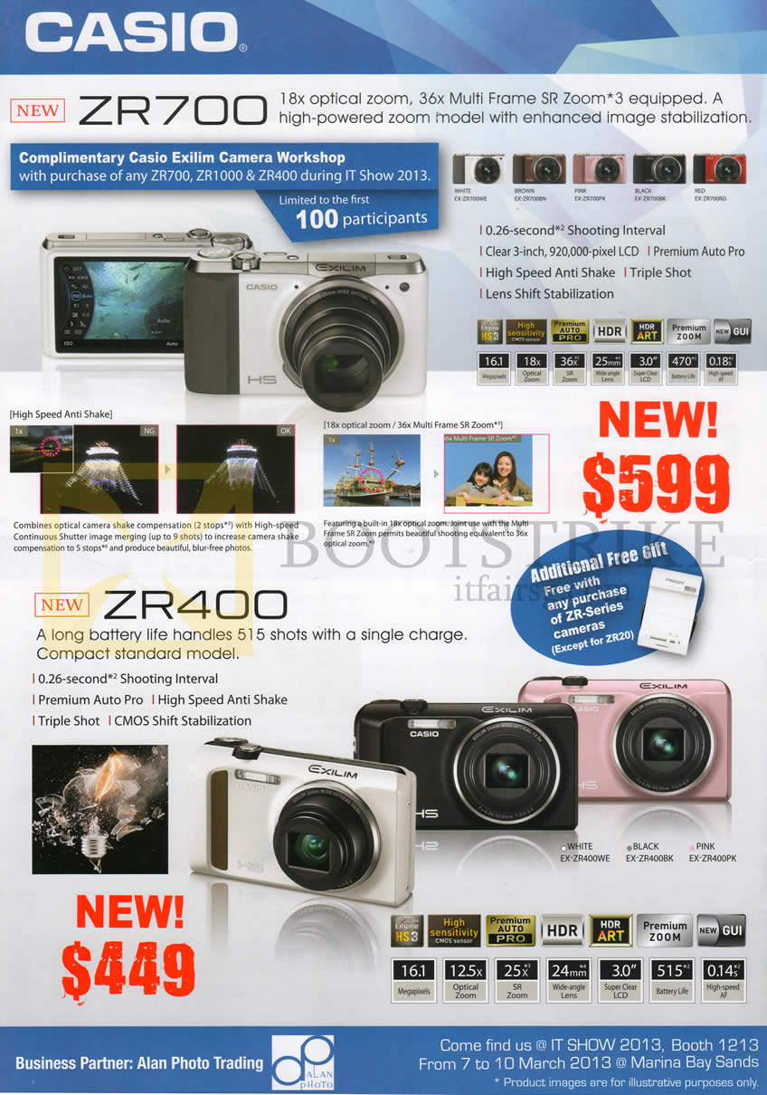 IT SHOW 2013 price list image brochure of Casio Alan Photo Digital Cameras Exilim ZR700, ZR400