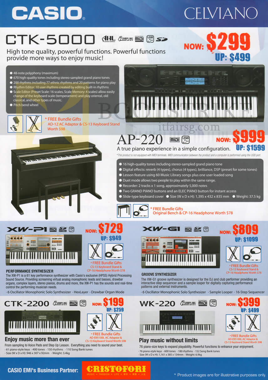 IT SHOW 2013 price list image brochure of Casio Celviano Music Pianos CTK-5000, AP-220, XW-P1, XW-G1, CTK-2200, WK-220