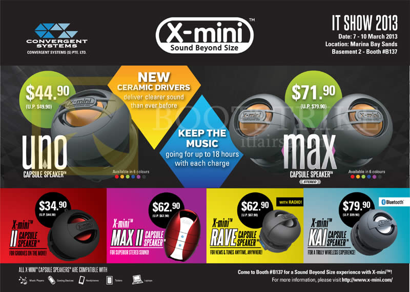 IT SHOW 2013 price list image brochure of Convergent X-Mini Speakers Uno Capsule Speaker, Max, X-Mini II, Max II, Rave, Kai