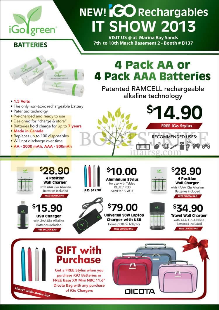IT SHOW 2013 price list image brochure of Convergent IGo Batteries AA AAA, Charger, Stylus, USB