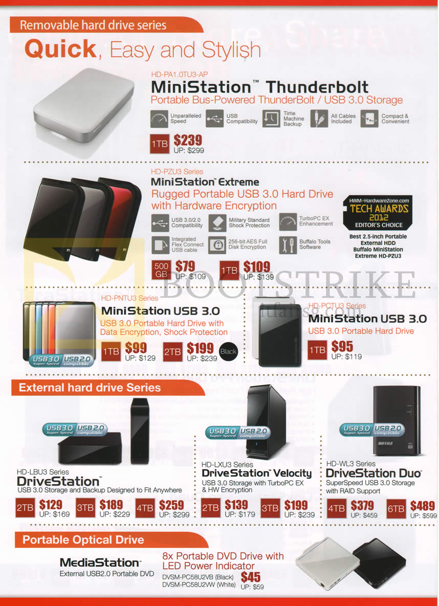 IT SHOW 2013 price list image brochure of ECS Buffalo External Storage MiniStation Thunderbolt, Extreme, USB 3., DriveStation, Velocity, Duo, MediaStation External Optical Drive