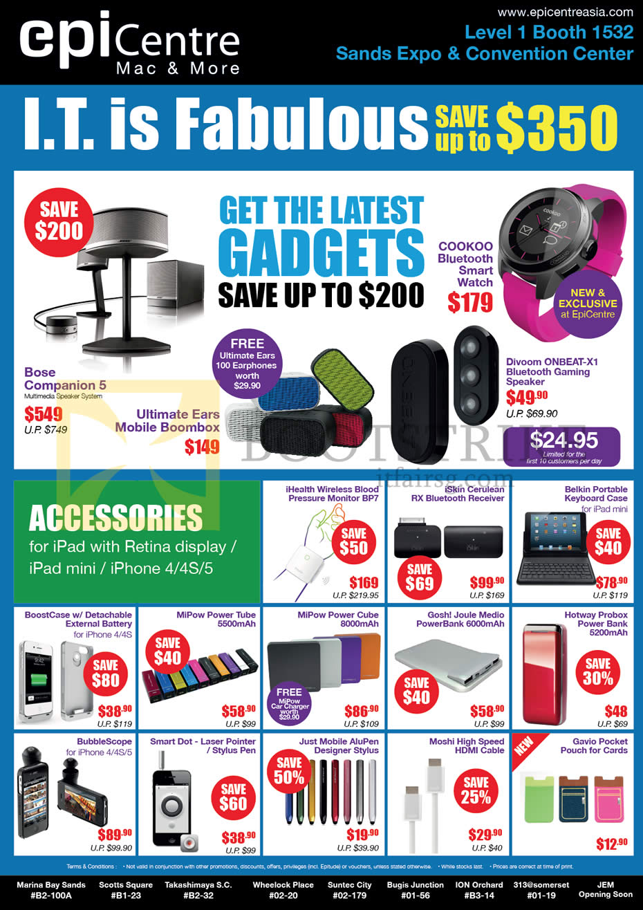IT SHOW 2013 price list image brochure of EpiCentre Bose Companion 5, Ultimate Ears Mobile Boombox, Divoom Onbeat-X1 Speaker, IHealth, MiPow Portable Charger, Gosh, Moshi, BubbleScope