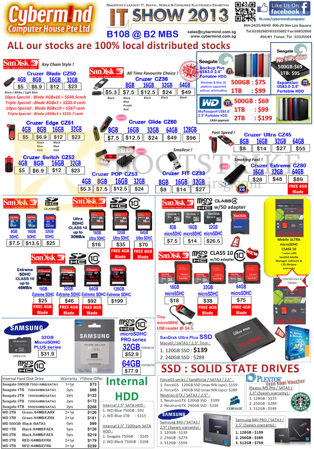 IT SHOW 2013 price list image brochure of Fida Cybermind Sandisk USB Flash Drive Cruzer Blade Edge Switch Glide Pop Fit Ultra Extreme, Seagate External Storage Backup Plus, WD My Passport, SDHC, MicroSDHC, SSD
