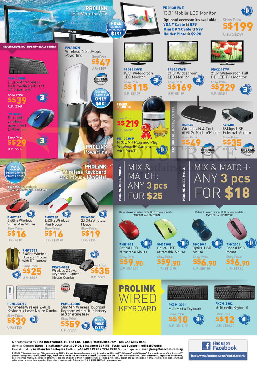 IT SHOW 2013 price list image brochure of Fida Prolink LED Monitors TV, Bluetooth Wireless Keyboard Mouse, IPCam, ADSL2 Modem Router, USB Modem