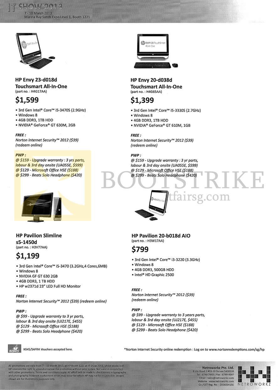 IT SHOW 2013 price list image brochure of HP AIO Desktop PCs Envy 23-d018d Touchsmart, Envy 20-d028d Touchsmart, Pavilion Slimline S5-1450d, Pavilion 20-b018d