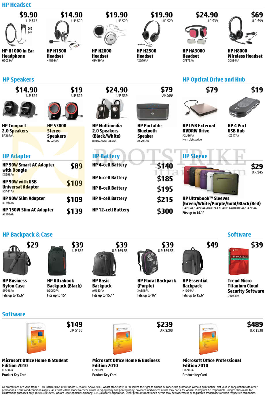 IT SHOW 2013 price list image brochure of HP Accessories Headsets, Speakers, Optical Drive, Adapters, Batteries, Software, Backpacks