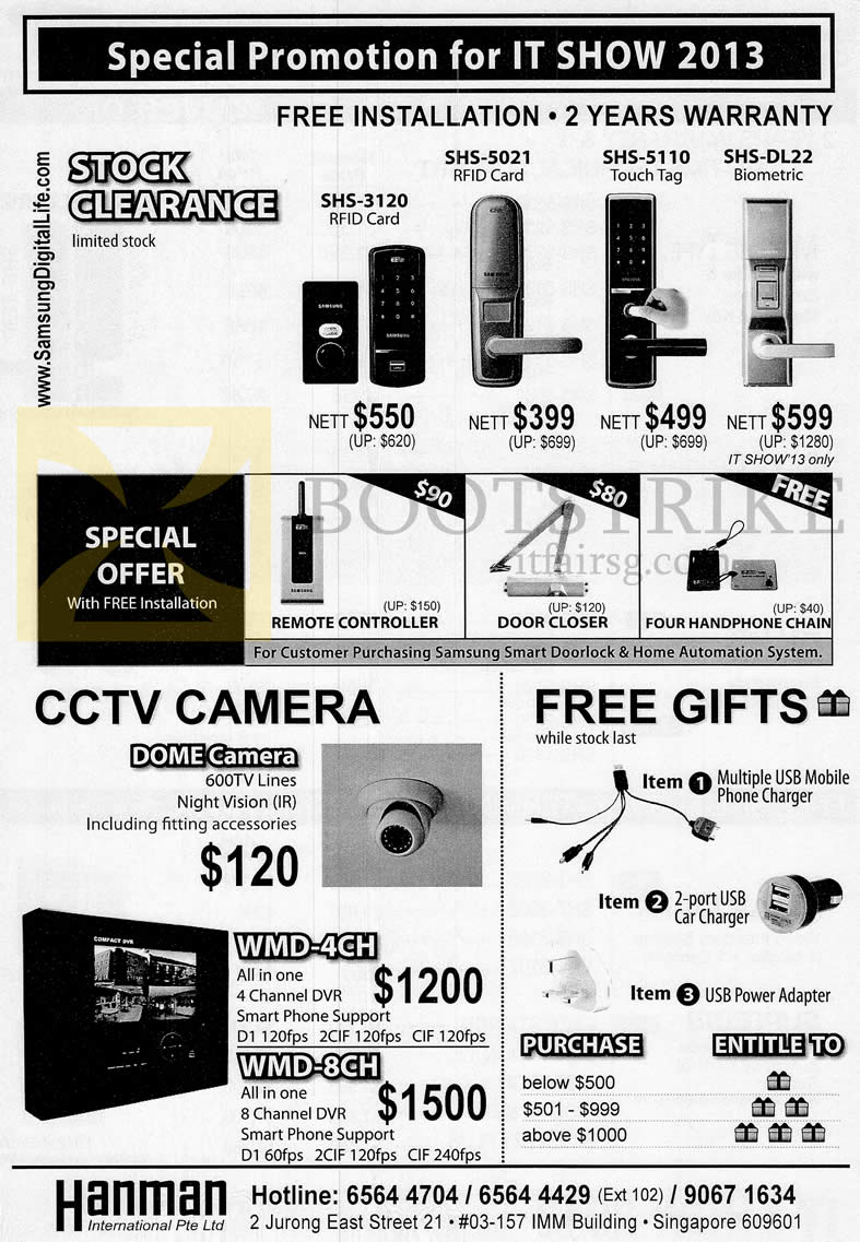 IT SHOW 2013 price list image brochure of Hanman Samsung Digital Locks SHS-3120, 5021, 5110, DL22, CCTV Camera Dome, WMD-4CH, WMD-8CH