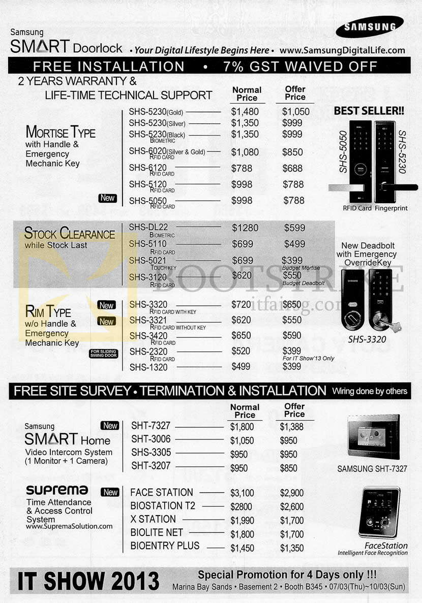 IT SHOW 2013 price list image brochure of Hanman Samsung Door Locks Mortise SHS, Rim, Samsung Smart Home Video Intercom System, Suprema Time Attendence N Access Control System