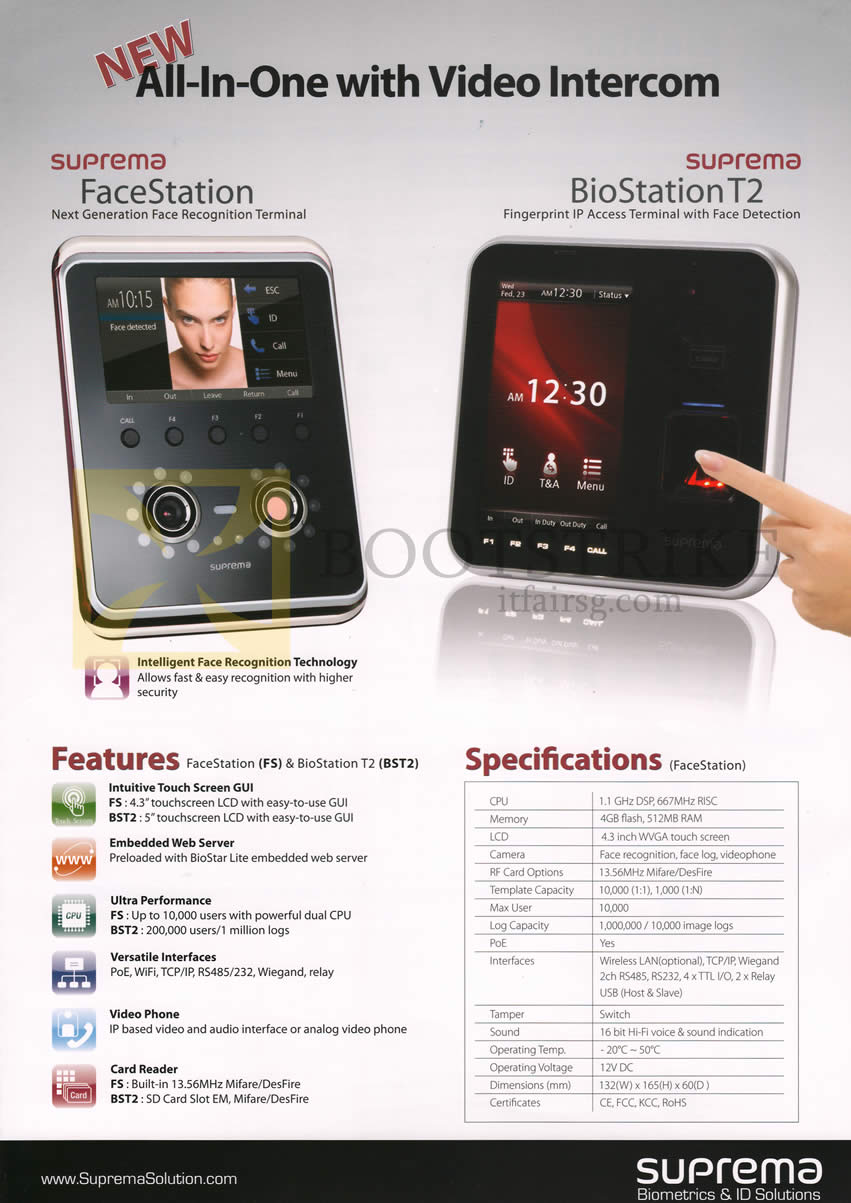 IT SHOW 2013 price list image brochure of Hanman Suprema FaceStation Face Recognition Terminal, BioStation T2 Fingerprint IP Access Terminal Features, Specifications