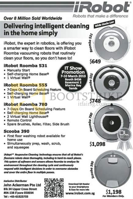 IT SHOW 2013 price list image brochure of John Ackerman IRobot Robotic Vacuum Cleaners Roomba 531, Roomba 555, Roomba 780, Scooba 390