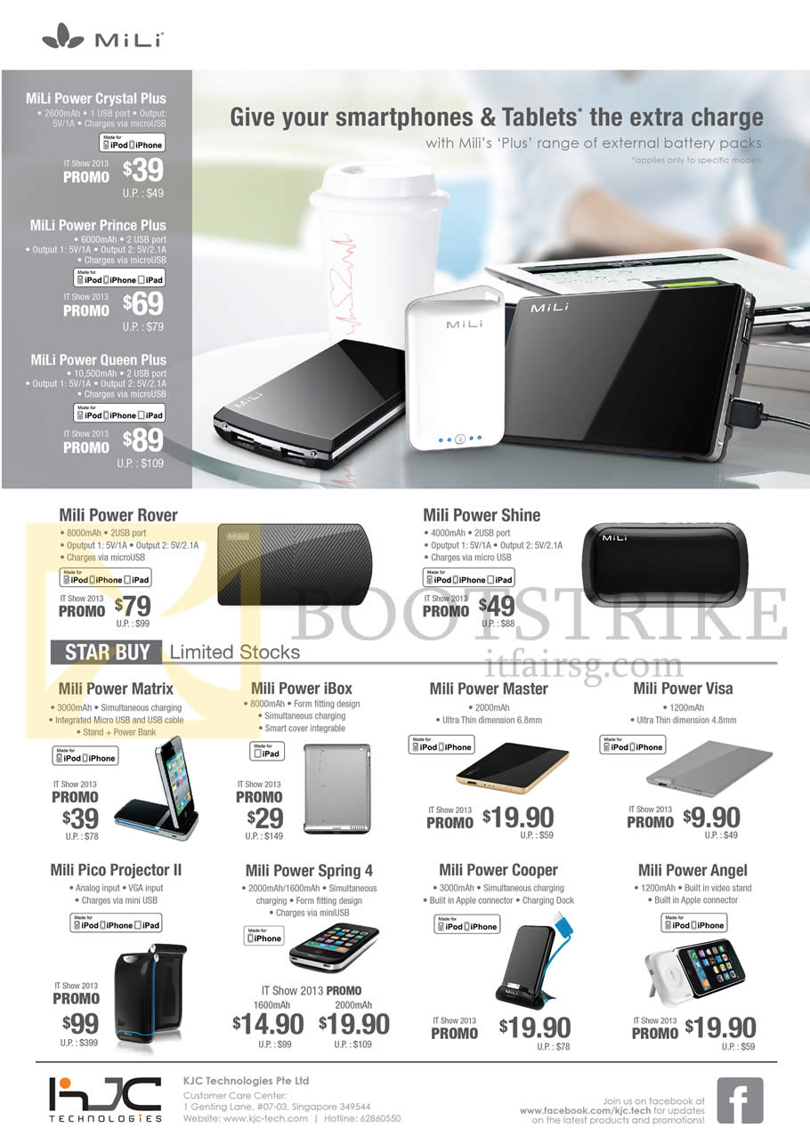 IT SHOW 2013 price list image brochure of KJC MiLi Portable Chargers Power Crystal Plus, Prince Plus, Queen Plus, Rover, Shine, Matrix, IBox, Master, Visa, Projector II, Spring 4, Cooper, Angel