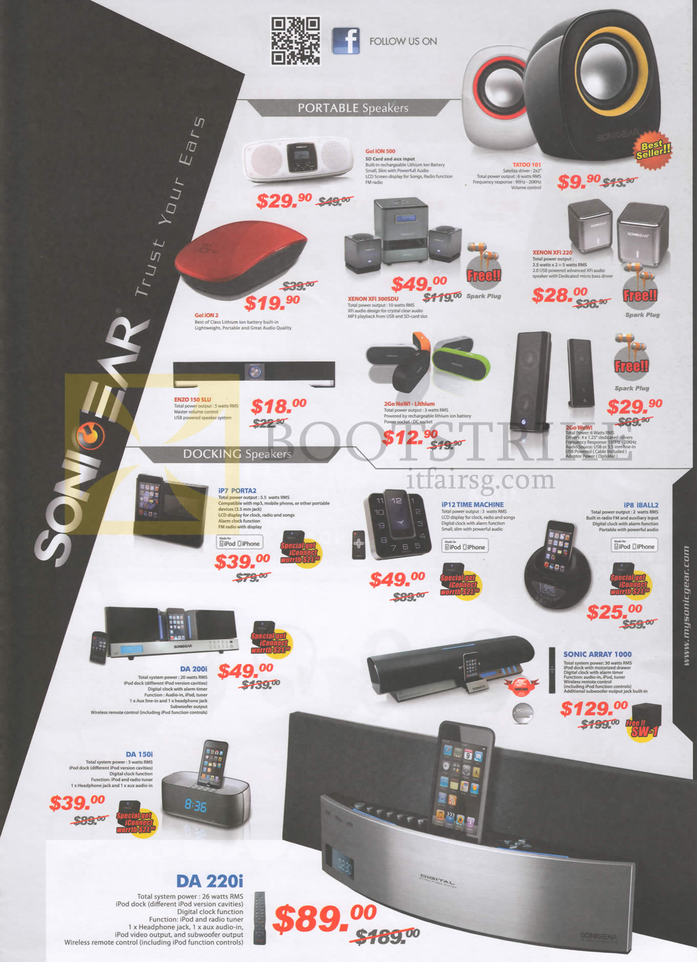IT SHOW 2013 price list image brochure of Leap Frog Sonic Gear Speakers Portable Gol Ion, Tatoo 01, Xenon Xfi, Docking Speaker IP6, IP8, Sonic Array 1000