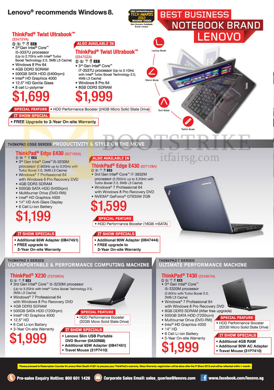 IT SHOW 2013 price list image brochure of Lenovo Notebooks ThinkPad Twist Ultrabook, Edge E430, X230, T430