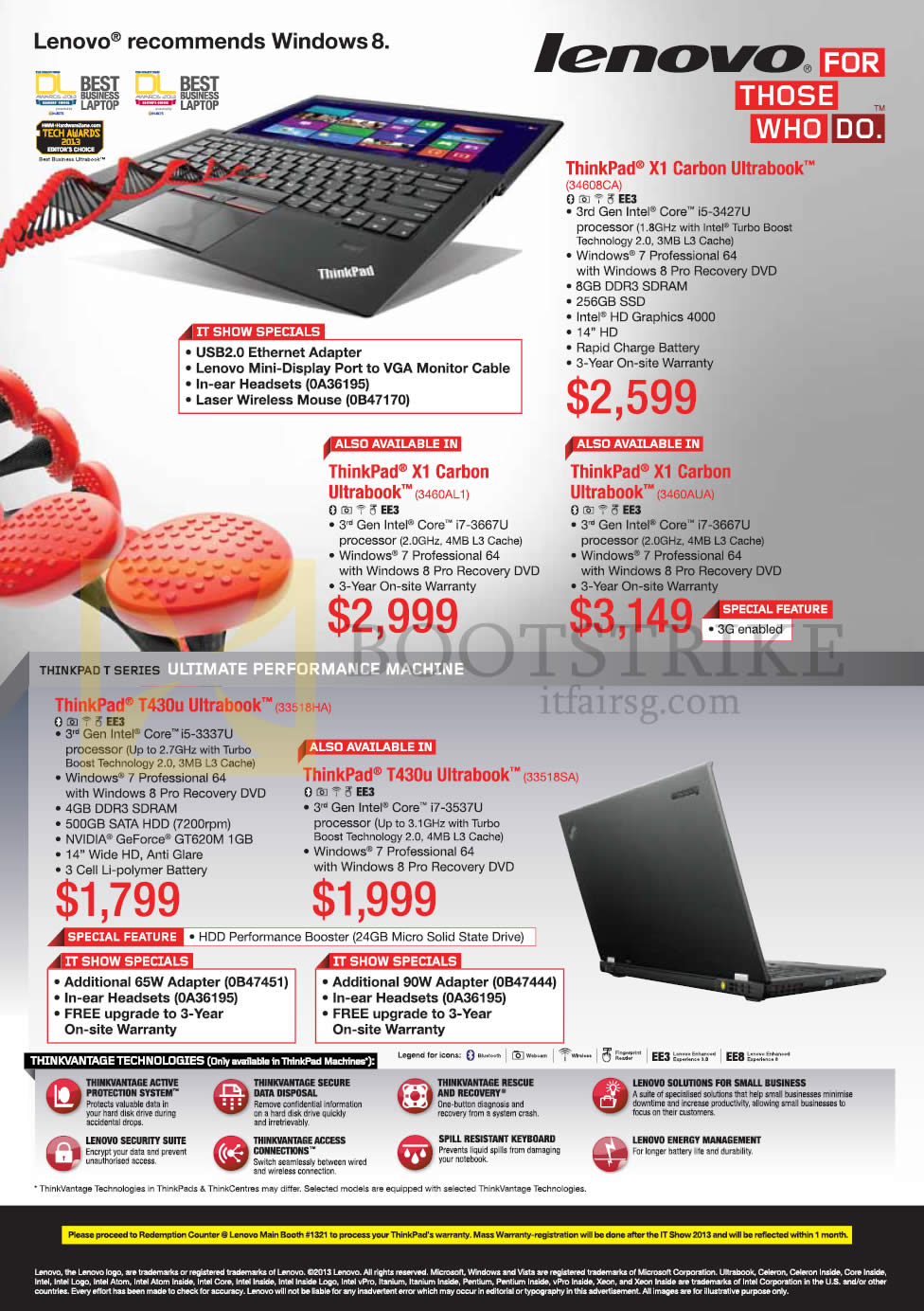 IT SHOW 2013 price list image brochure of Lenovo Notebooks ThinkPad X1 Carbon Ultrabook, ThinkPad T430u, Thinkvantage