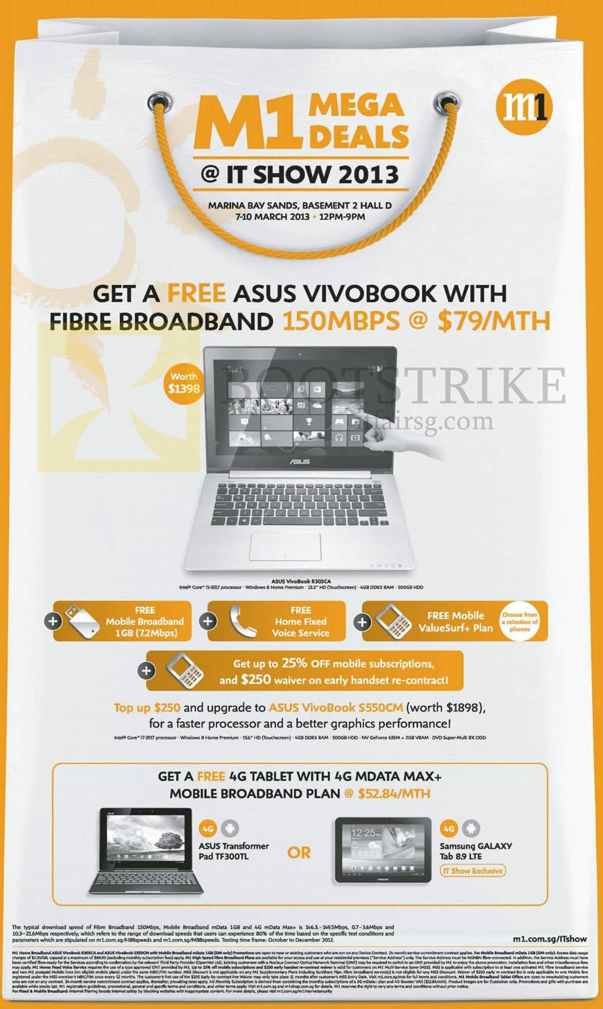 IT SHOW 2013 price list image brochure of M1 Broadband Fibre 150Mbps Free ASUS Vivobook, Fixed Line, ValueSurf, ASUS S550CM, Mobile Broadband Free ASUS Transformer Pad TF300TL, Samsung Galaxy Tab 8.9 LTE