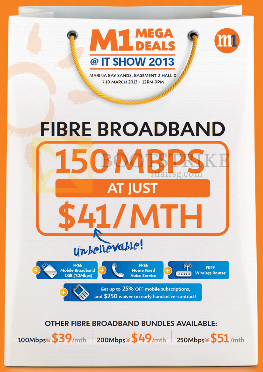 IT SHOW 2013 price list image brochure of M1 Broadband Fibre 41.00 150Mbps, Mobile Broadband, Fixed Line, Wireless Router, 100Mbps, 200Mbps, 250Mbps