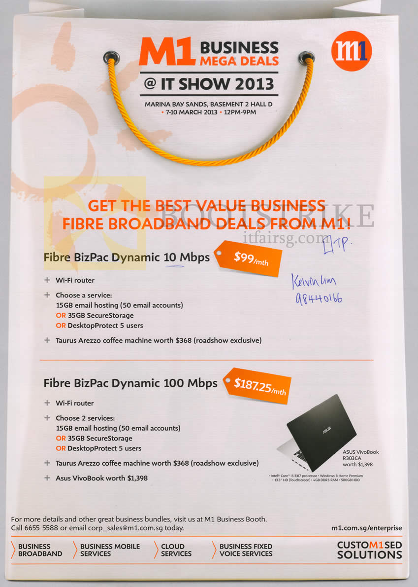 IT SHOW 2013 price list image brochure of M1 Business Broadband BizPac Dynamic 10Mbps Free Taurus Arezzo Coffee Machine
