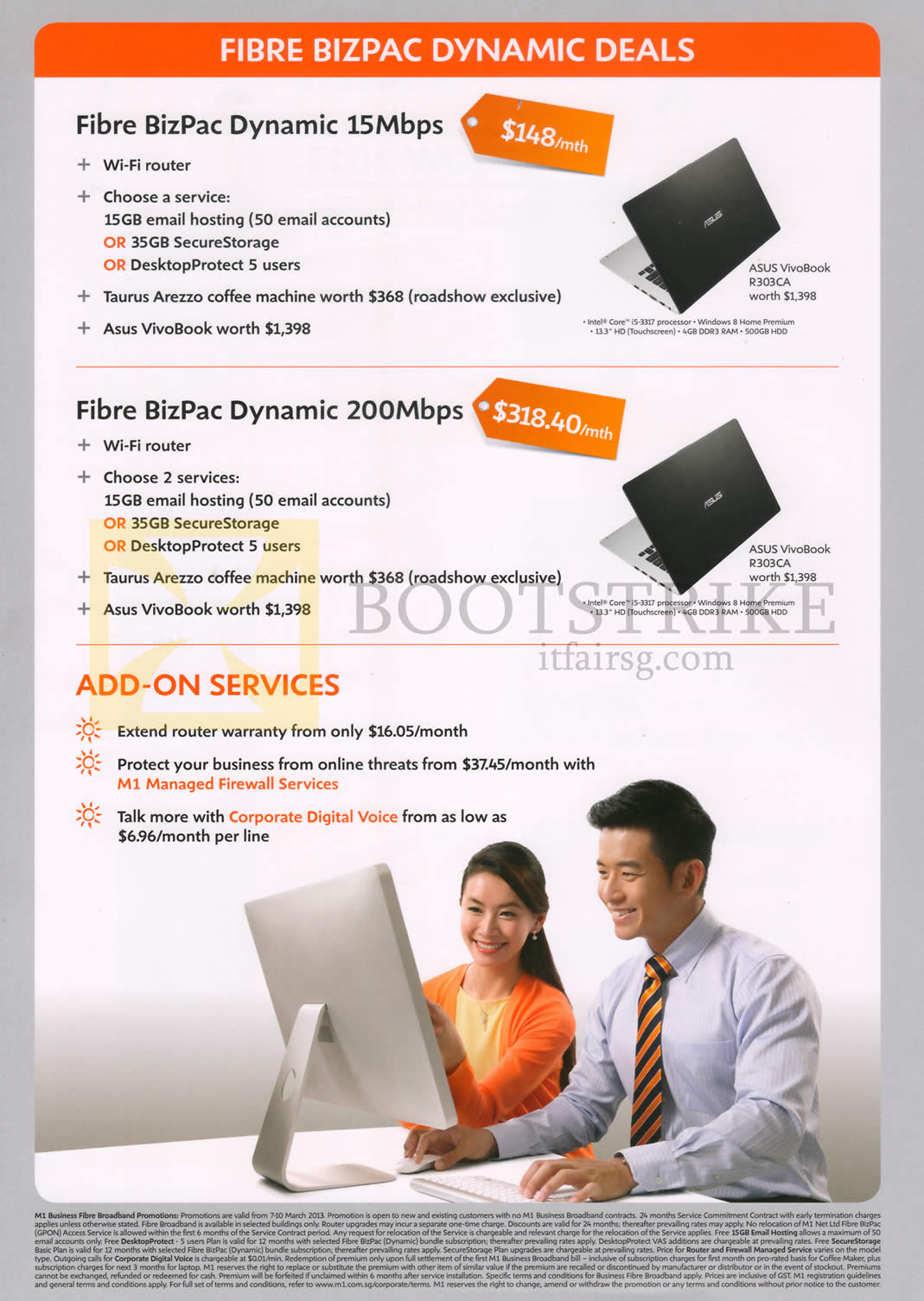 IT SHOW 2013 price list image brochure of M1 Business Broadband Fibre BizPac Dynamic 15Mbps 200Mbps Free ASUS Vivobook N Taurus Arezzo Coffee Machine, Add-on Services