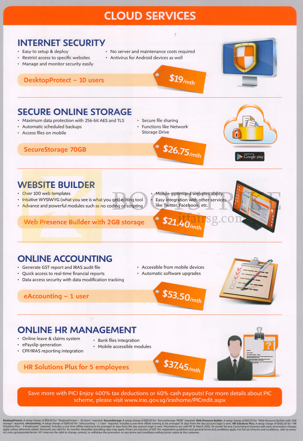 IT SHOW 2013 price list image brochure of M1 Business Cloud Services Internet Security, Secure Online Storage, Website Builder, Online Accounting, HR Management
