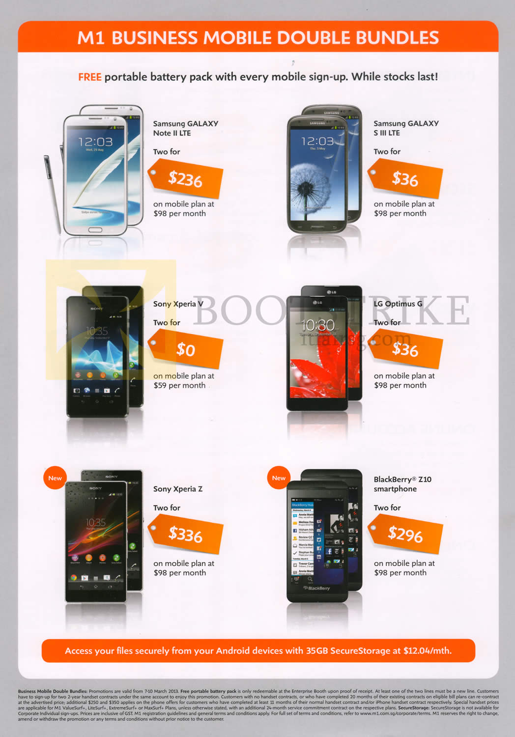 IT SHOW 2013 price list image brochure of M1 Business Mobile Samsung Galaxy Note II LTE, S III LTE, Sony Xperia V, Sony Xperia Z, LG Optimus G, Blackberry Z10