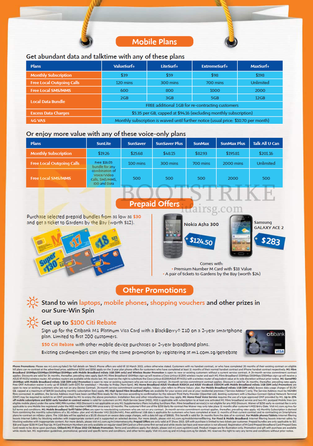 IT SHOW 2013 price list image brochure of M1 Mobile Plans ValueSurf LiteSurf ExtremeSurf MaxSurf, SunLite SunSaver, M Card Prepaid Nokia Asha 300, Samsung Galaxy Ace 2, Citibank Citi Rebate