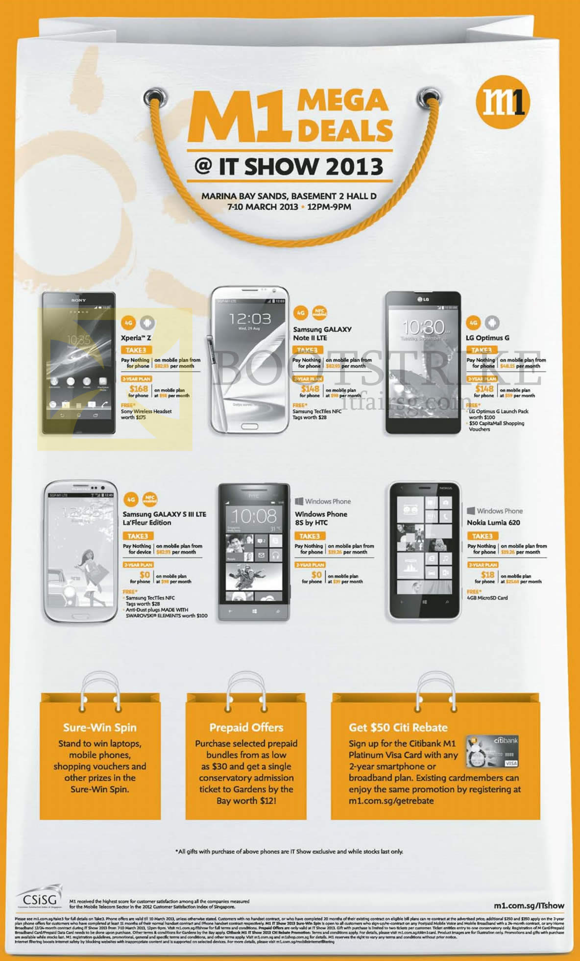 IT SHOW 2013 price list image brochure of M1 Sony Xperia Z, Samsung Galaxy Note II LTE, S III LTE, LG Optimus G, HTC Windows Phone 8S, Nokia Lumia 620