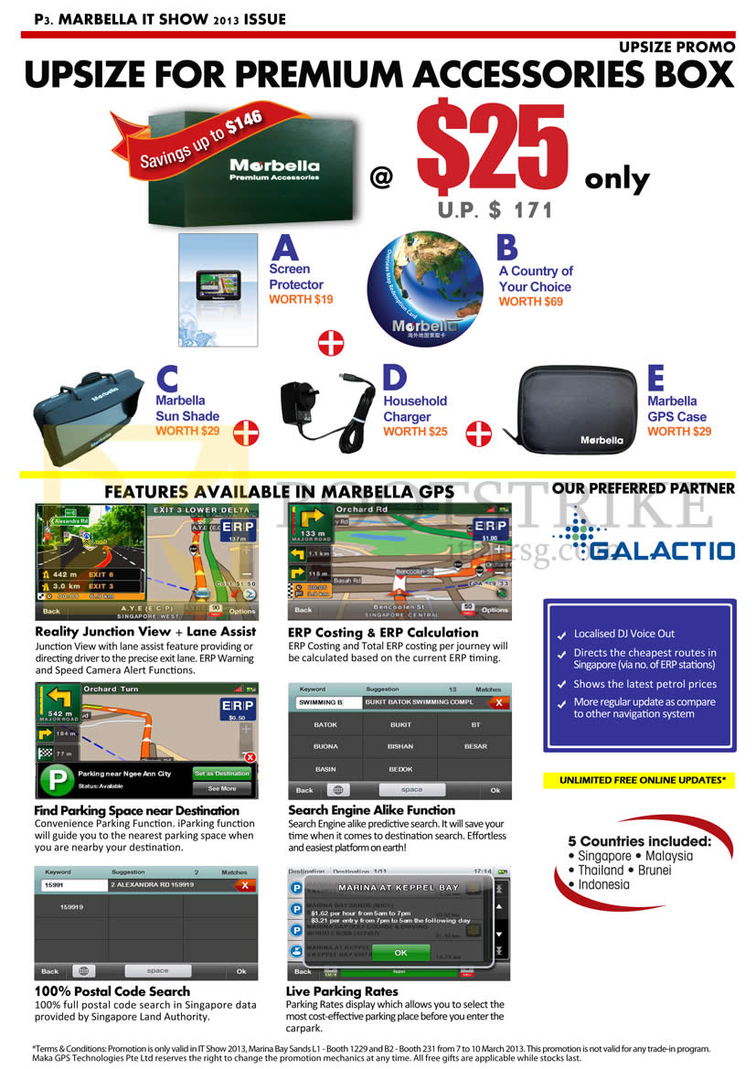IT SHOW 2013 price list image brochure of Maka GPS Premium Accessories Box, Galactio, Features, ERP Costing, Lane Assist, Junction View, Parking Rates, Postal Code