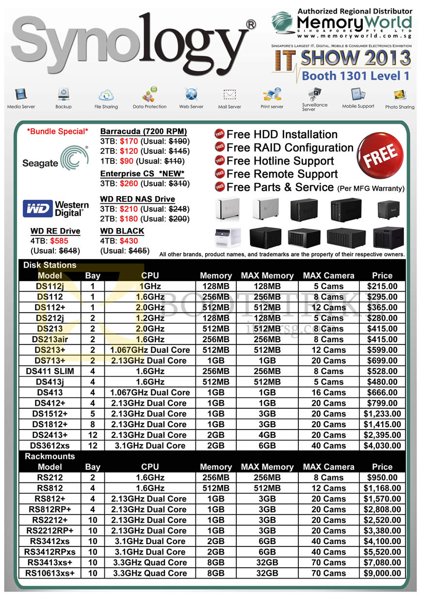 IT SHOW 2013 price list image brochure of Memory World Synology NAS Seagate WD Western Digital, Disk Station DS, Rackmounts RS