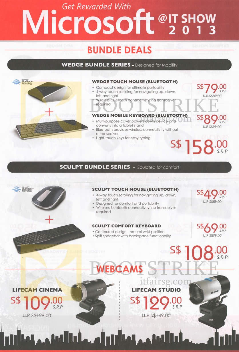 IT SHOW 2013 price list image brochure of Microsoft Hardware Wedge Mouse, Wedge Mobile Keyboard, Sculpt Touch Mouse, Comfort Keyboard, Lifecam Cinema Webcam, Studio