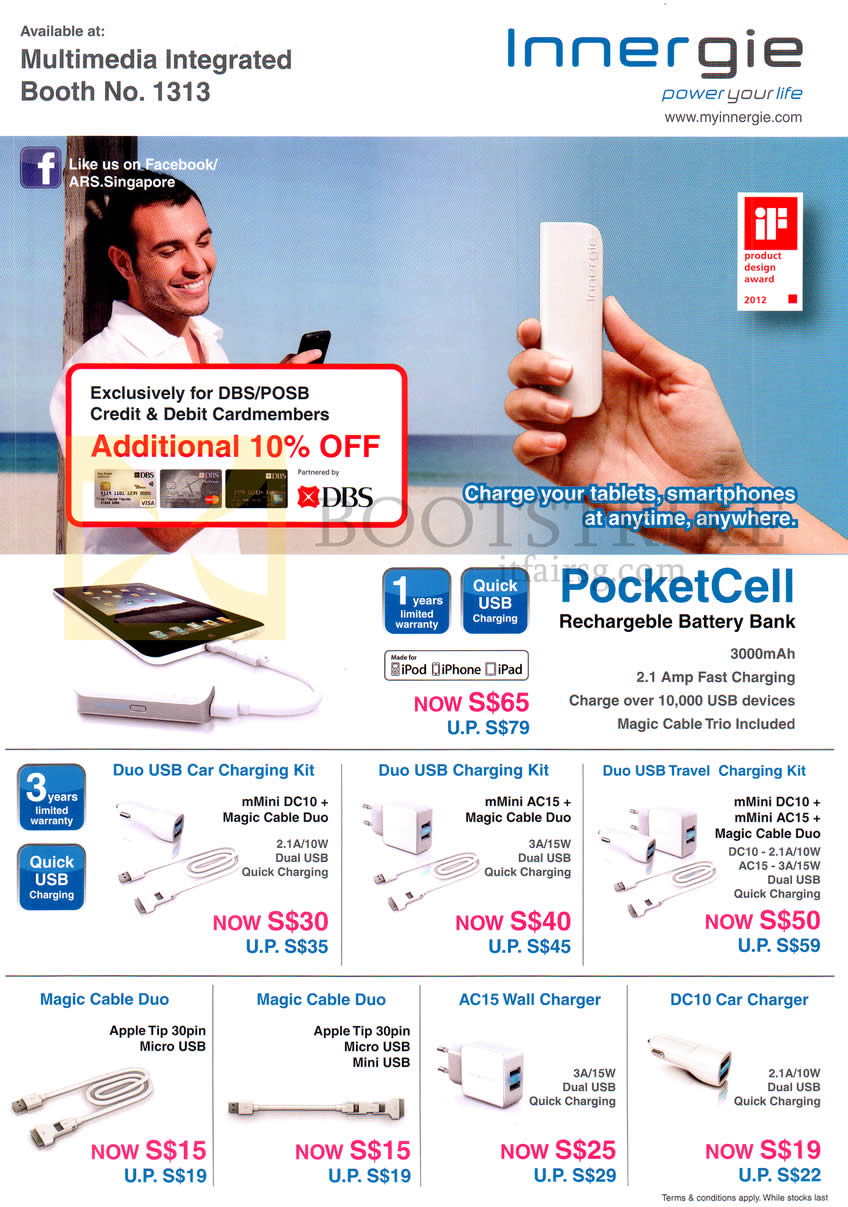 IT SHOW 2013 price list image brochure of Multimedia Integrated Innergie Portable Charger PocketCell, MMini DC10, AC15, Apple Tip, AC15 Wall Charger, DC10 Car Charger