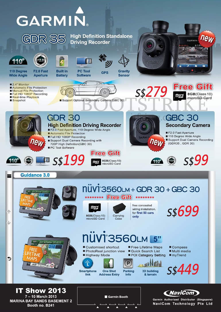 IT SHOW 2013 price list image brochure of Navicom Garmin GPS Navigators GDR 30, GBC 30 Driving Recorder, Nuvi 3560LM