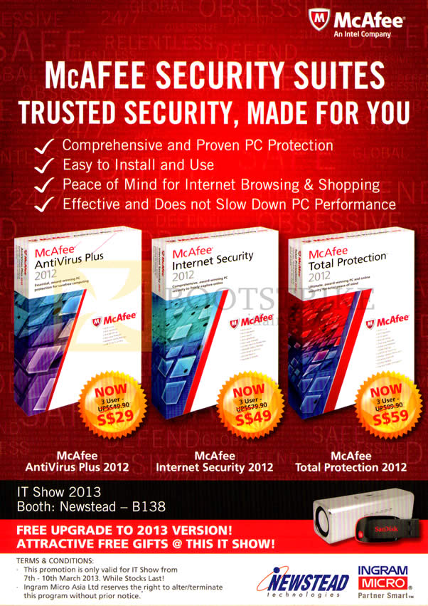 IT SHOW 2013 price list image brochure of Newstead McAfee Antivirus Plus 2013, Mcafee Internet Security 2012, Mcafee Total Protection 2012