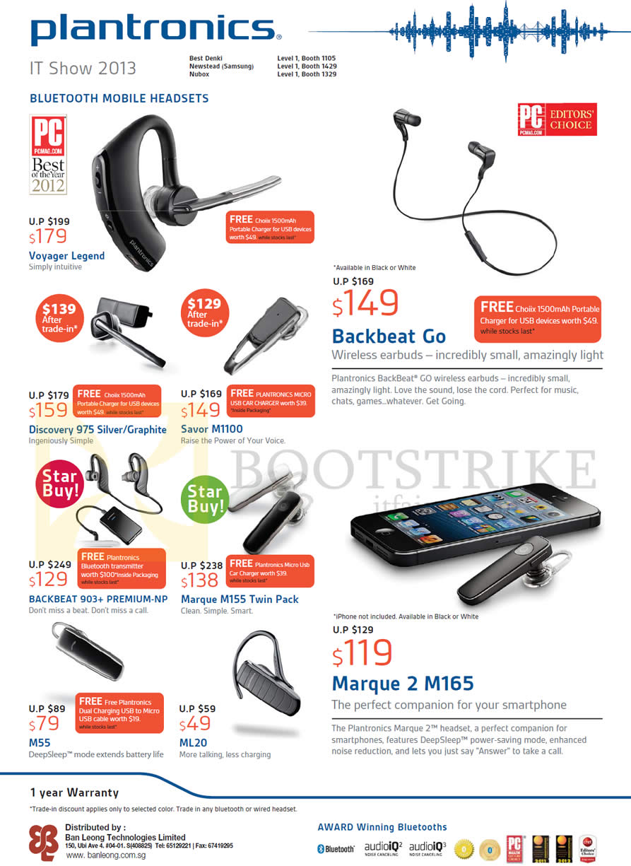 IT SHOW 2013 price list image brochure of Plantronics Bluetooth Headsets Prices Voyager Legend, Backbeat Go, 903 Plus, Discovery 975, Savor M1100, M155, M55, ML20, Marque 2 M165