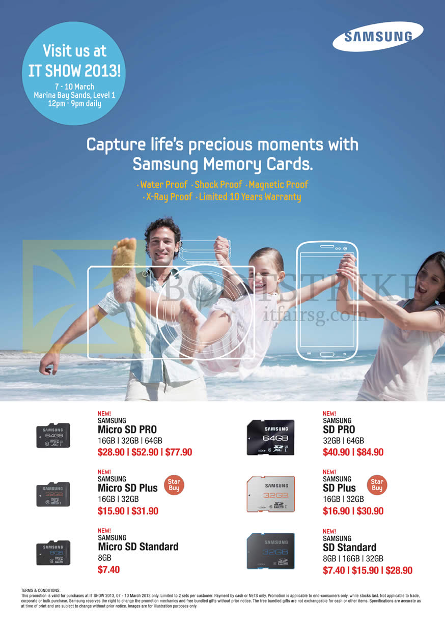 IT SHOW 2013 price list image brochure of Samsung Flash Memory Cards MicroSD Pro, SD Pro, SD Plus, MicroSD Plus, MicroSD Standard, SD Standard