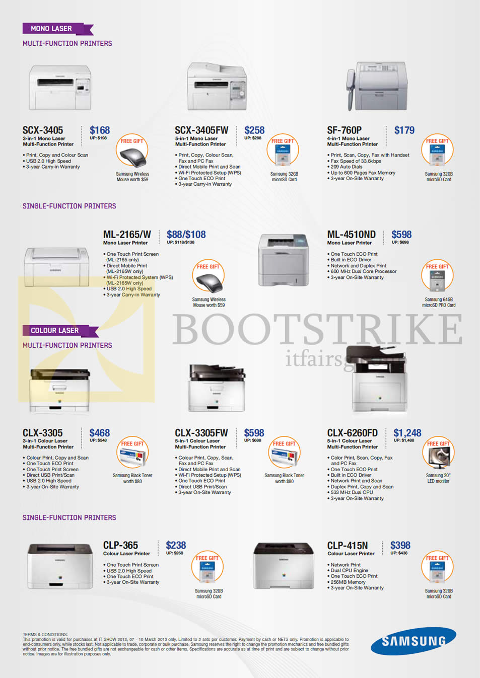 IT SHOW 2013 price list image brochure of Samsung Laser Printers SCX-3405, SCX-3405FW, SF-760P, ML-2165 W, SCX-3405FW, SF-760P, ML-2165 W, ML-4510ND, CLX-3305, CLX-3305FW, CLX-6260FD, CLP-365, CLP-415N