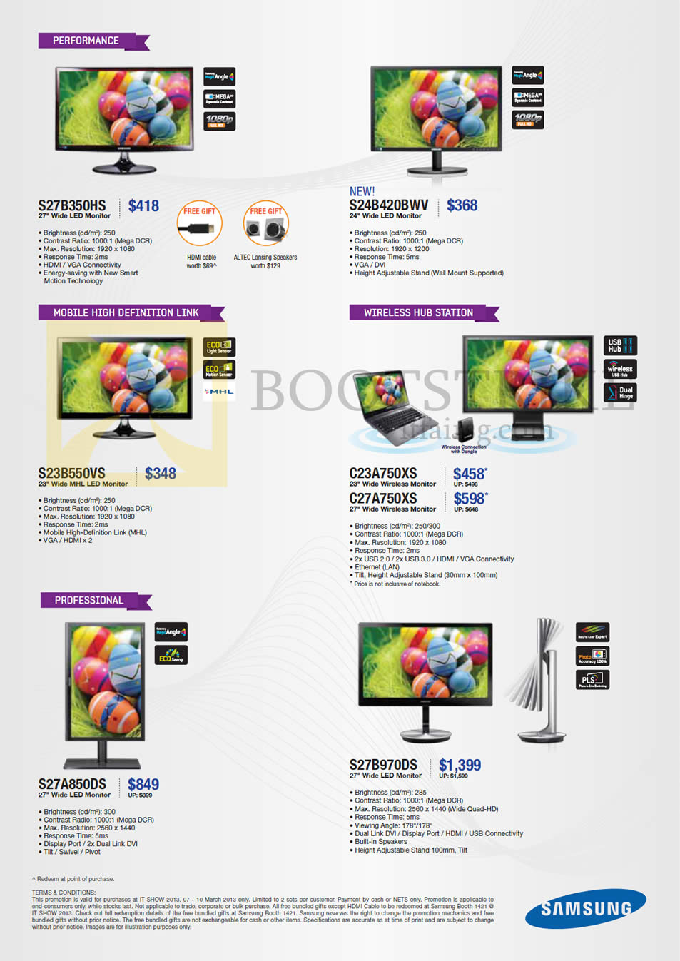IT SHOW 2013 price list image brochure of Samsung Monitors LED S27B350HS, S24B420BWV, S23B550VS, Wireless C23A750XS, C27A750XS, S27A850DS, S27B970DS