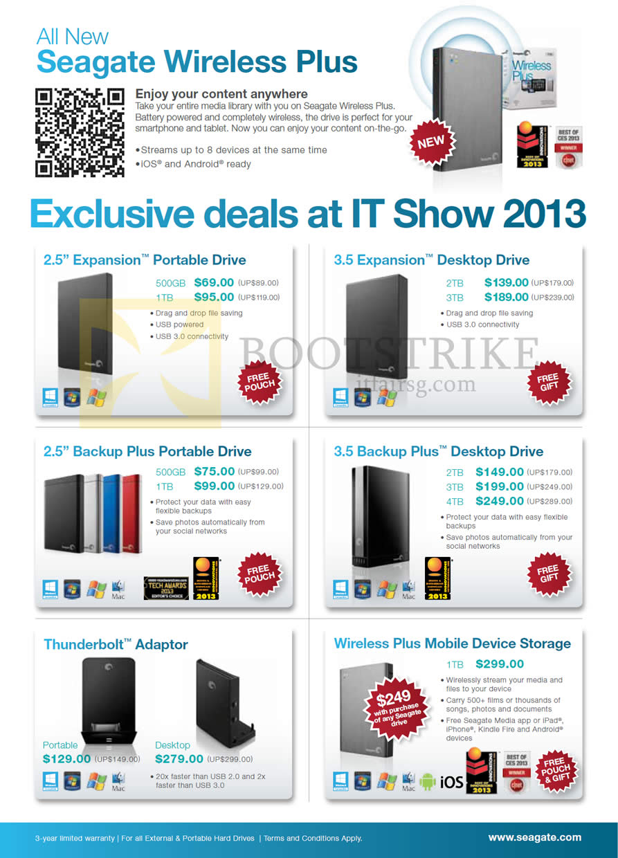 IT SHOW 2013 price list image brochure of Seagate External Storage Expansion Portable, Desktop Drive, Backup Plus, Thunderbolt Adapter, Wireless Plus Mobile Device Storage