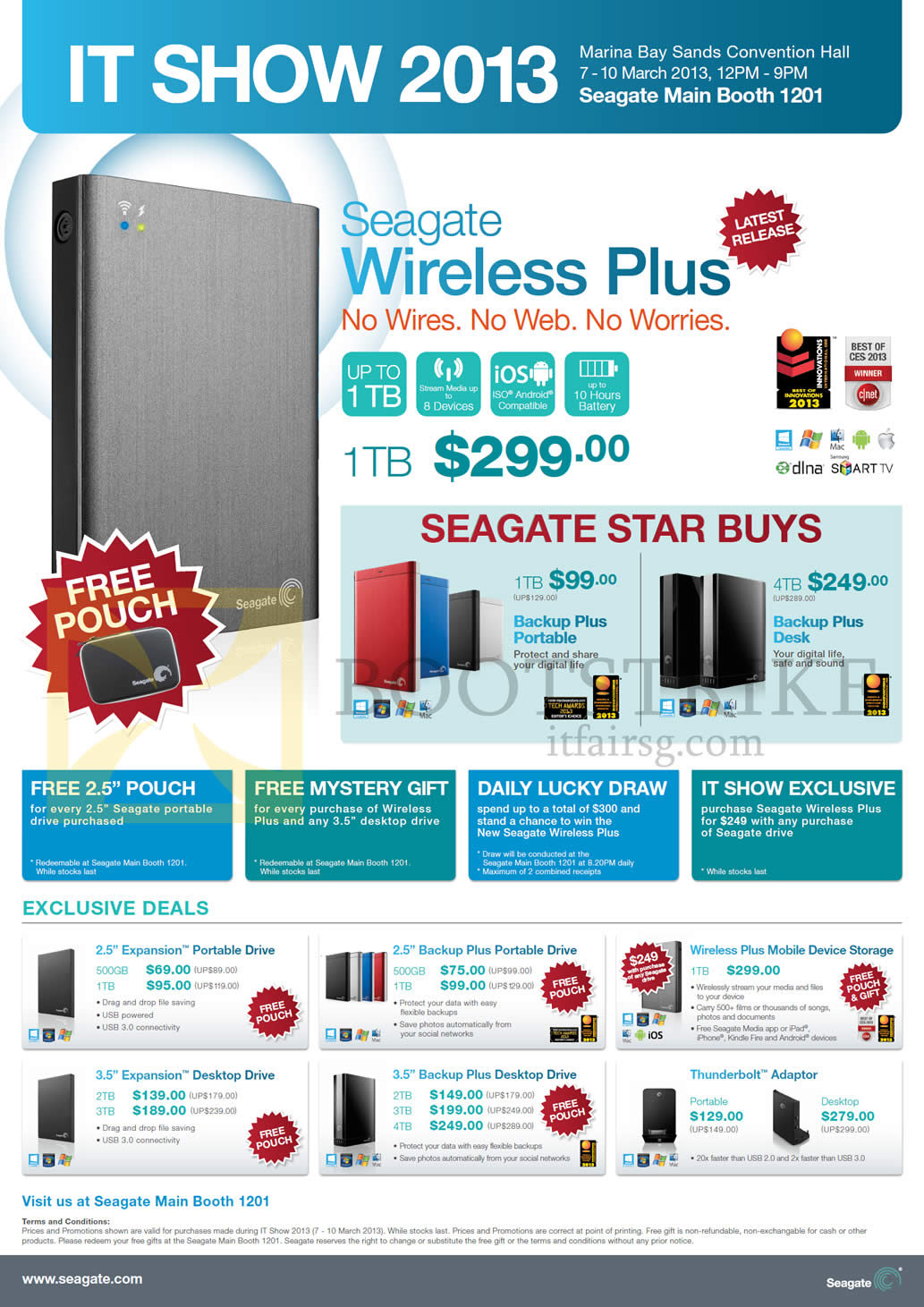 IT SHOW 2013 price list image brochure of Seagate External Storage Wireless Plus, Backup Plus Portable, Desk, Expansion, Backup Plus, Wireless Plus Mobile, Desktop Drive, Thunderbold Adapter